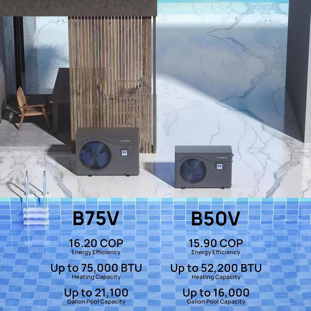 75,000 BTU Inverter Swimming Pool Heat Pump for above and in Ground Pools and Spas, All Electric Heater, Beluga B75V